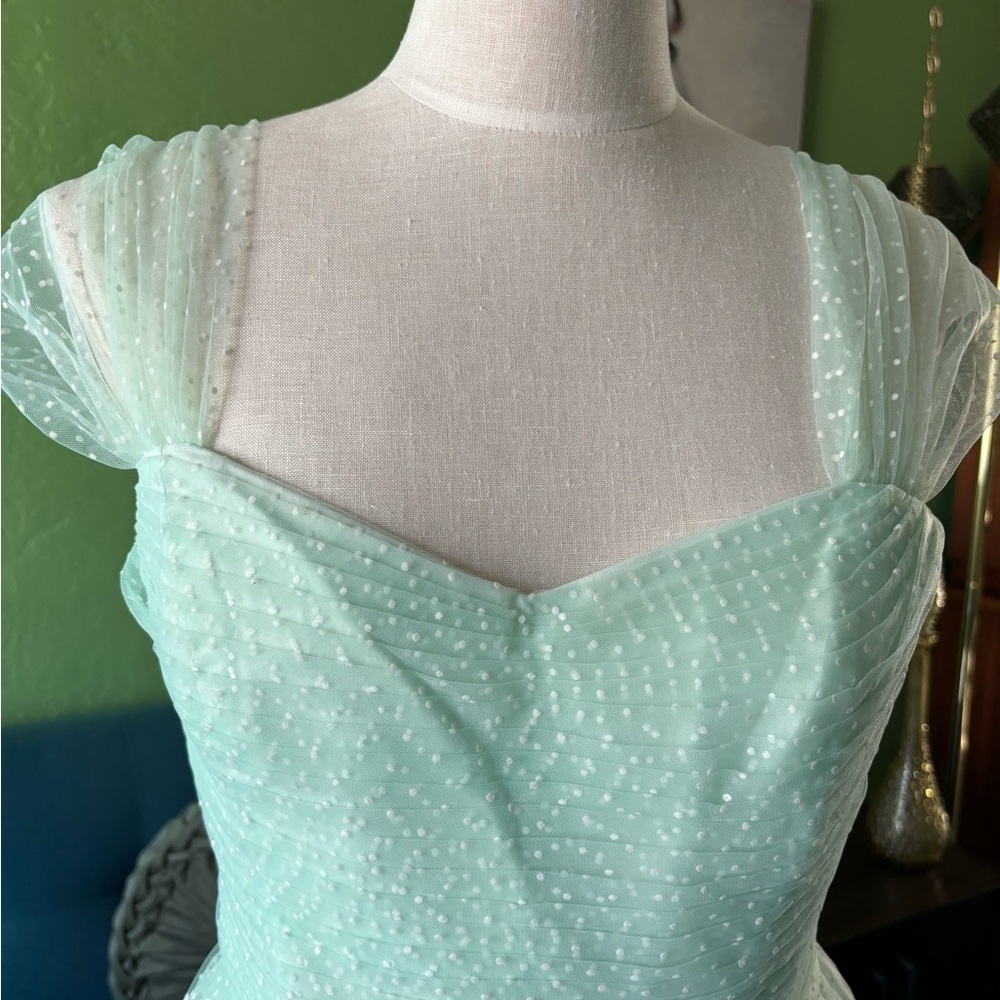 Vintage-Style Mint Green Midi Dress with Sheer Polka Dot Overlay - Picture 2 of 13